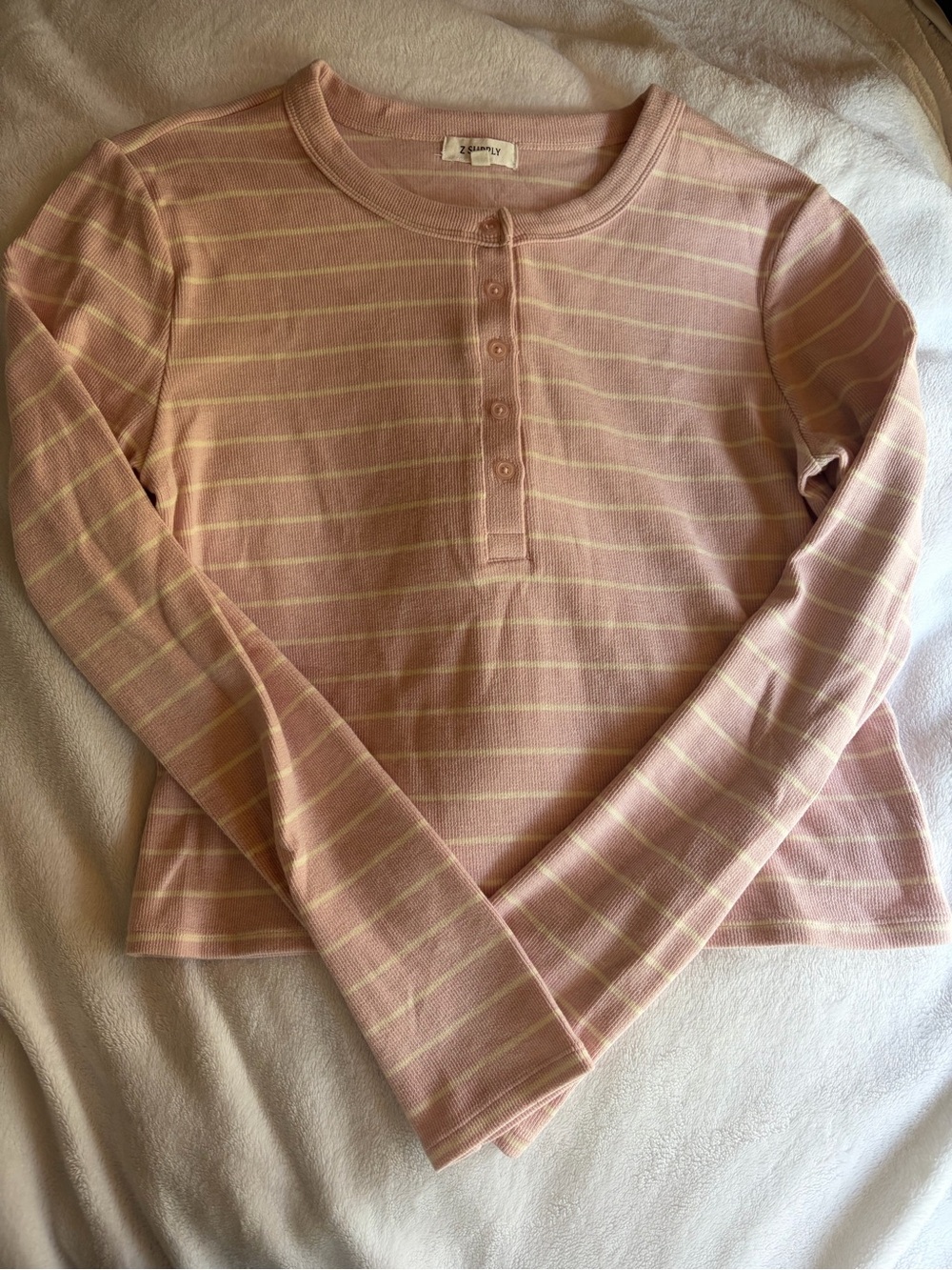 Z Supply Pink & Cream Striped Long Sleeve Henley